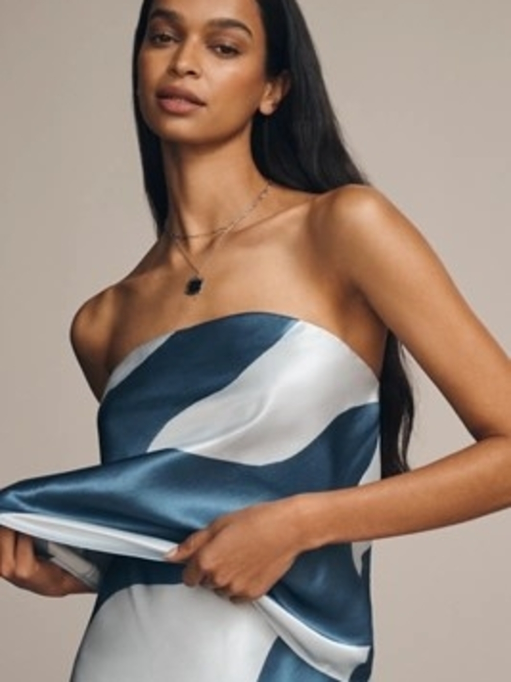 Anthropologie Blue and White Satin Strapless Top